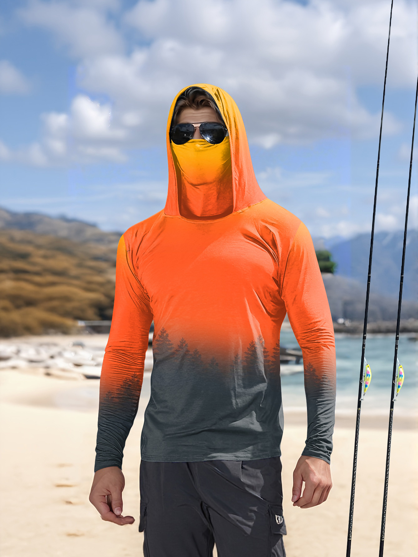 Fishing Hoodie - Erkekler için degrade orman desenli, güneş